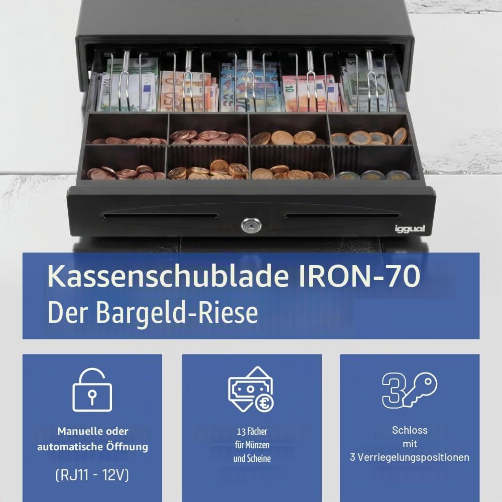 iggual - Geldkassette Abschliessbar IRON - 70 | Kassenschublade mit automatischer oder manueller Öff