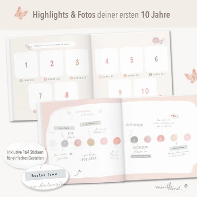 "Meine Kindheit" Erinnerungsalbum Rosa + Sticker Set I deine ersten 10 Jahre I Fotoalbum Kinder Gesc