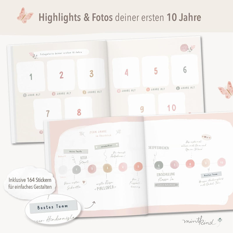 "Meine Kindheit" Erinnerungsalbum Rosa + Sticker Set I deine ersten 10 Jahre I Fotoalbum Kinder Gesc