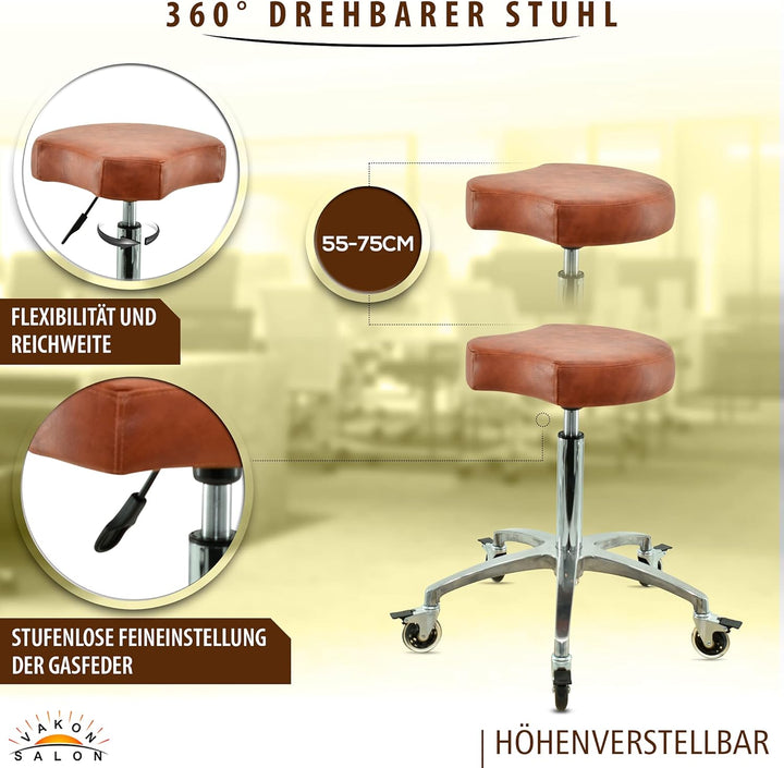 Ergonomischer Rollhocker in Hellbraun - Premium Rollen mit Bremse - Höhenverstellbarer von 55-75 cm