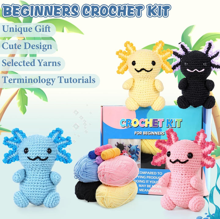 Weldomcor Häkelset für Anfänger, 4 Stück Axolotl Tiere Häkelset Häckeln Stricken für Anfänger Set mi
