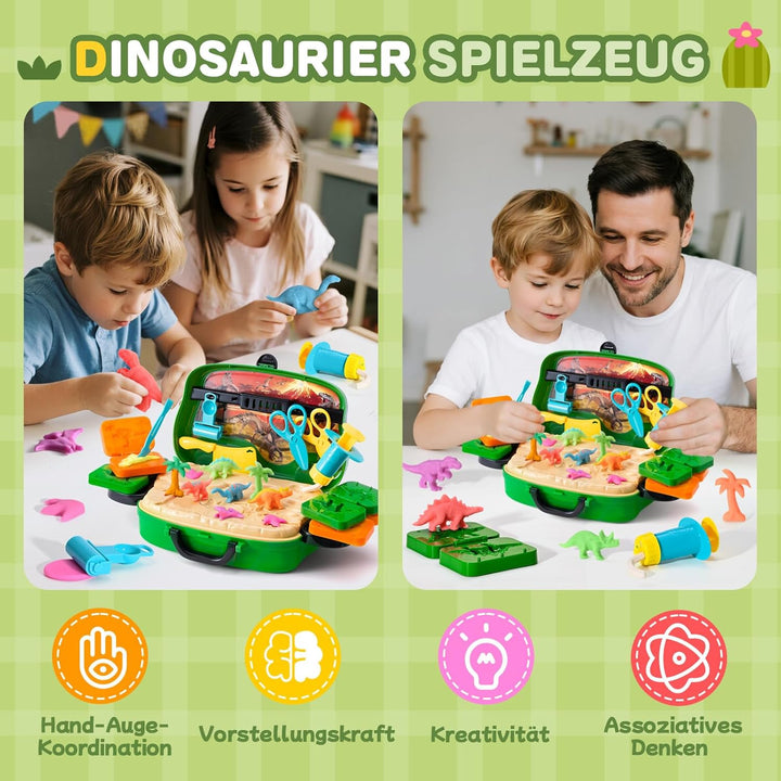 Knete ab 3 Jahre Dinosaurier Kinder Knete im Rollkoffer mit Rädern, 3D Knetwerkzeug & 8 Farben Knetm