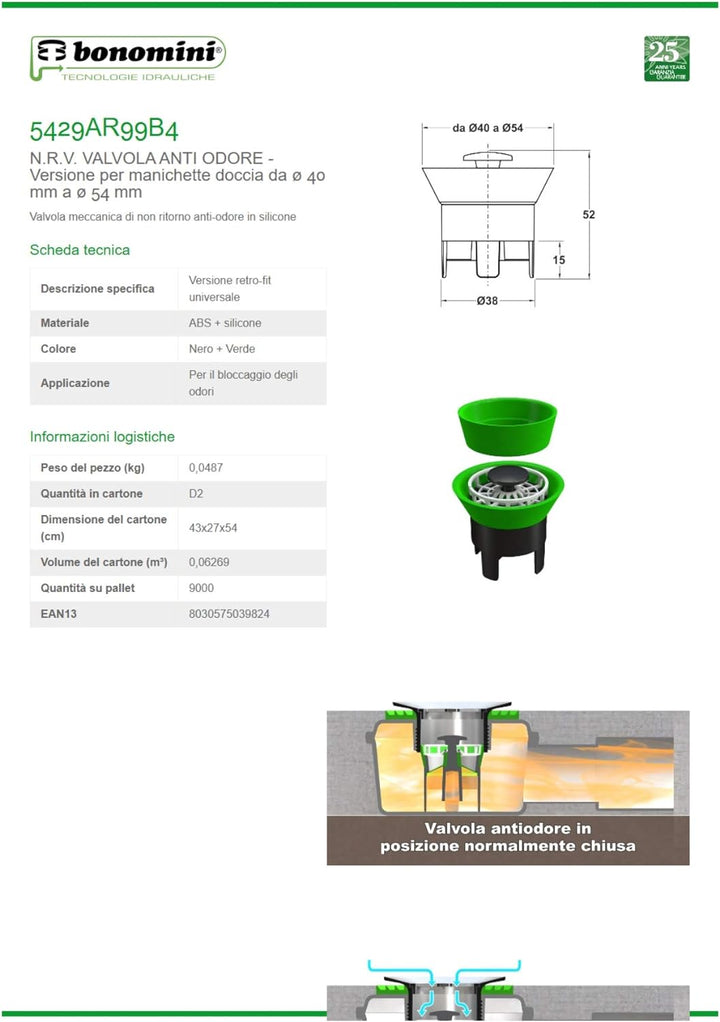 Bonomini 5429AR99B4 Mechanisches Rückschlagventil Geruchshemmend, schwarz/grün Ø 40 mm bis Ø 54 mm