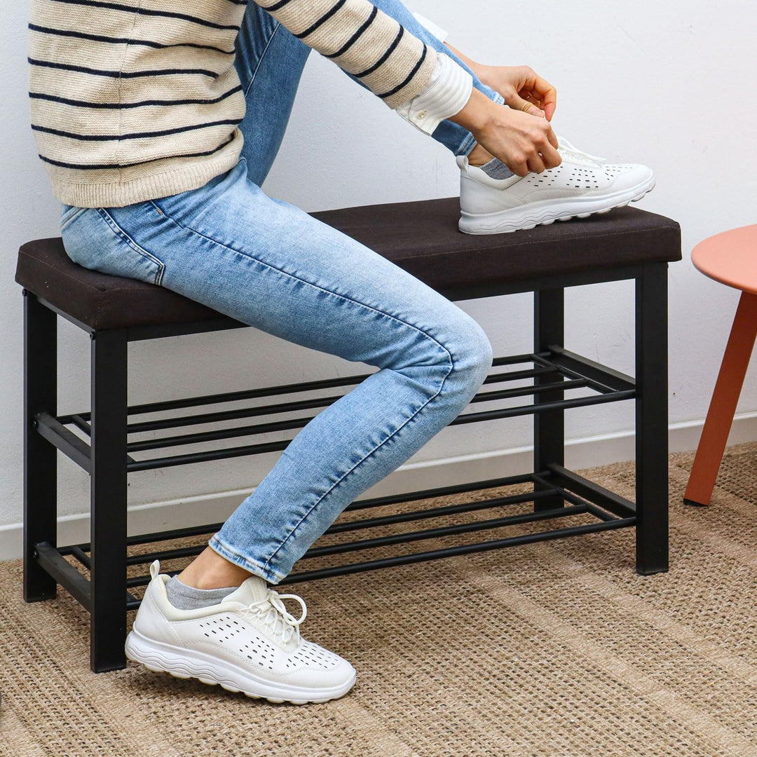 DuneDesign Schuhregal 81x32x46 cm offener Schuhschrank mit 2 Böden stabile Sitzbank Schuhbank aus Me