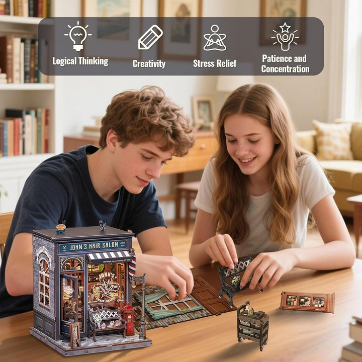 CUTEBEE Book Nook Kit - Miniatur Puppenhaus mit LED Beleuchtung, 3D Holz Puzzle Buchstütze, Retro&no