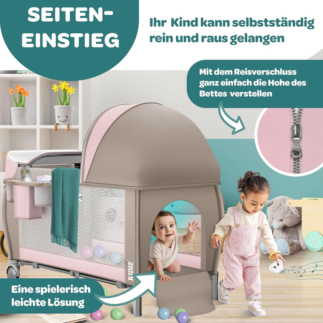 Kidiz® Babybett Reisebett Kinderreisebett klappbar mit Matratze & Räder 120x60, Seiteneingang, Wicke