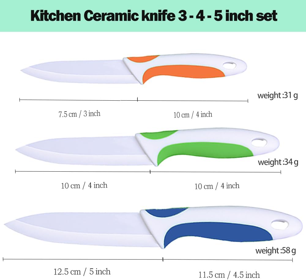 Keramikmesser Set, gelber Griff, weisse Klinge, 3-teilig, 3-4-5 Zoll | Professionell, Küchenmesser