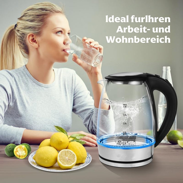 1,8 Liter Edelstahl Wasserkocher Glas mit blau LED, 2300 Watt Schnelles Aufheizen Glas Wasserkocher