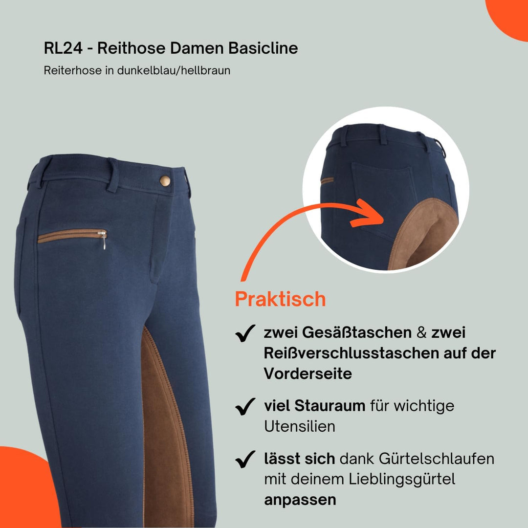RL24 - Damen Reithose Vollbesatz BASICLINE, Dunkelblau/Hellbraun