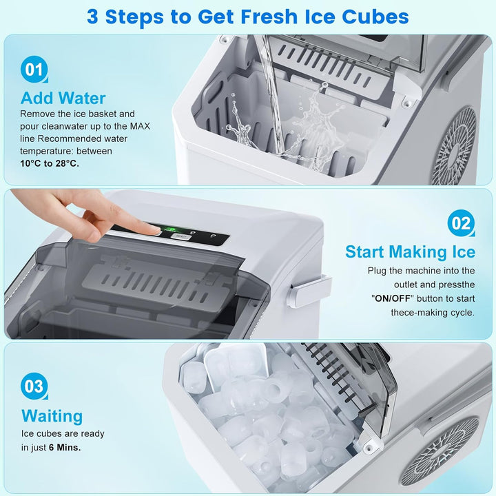 Eiswürfelmaschine, Ice Cube Maker 9 Eiswürfel in 6-8 Minuten,2 Grössen von Bullet Ice,12KG/24H,Selbs