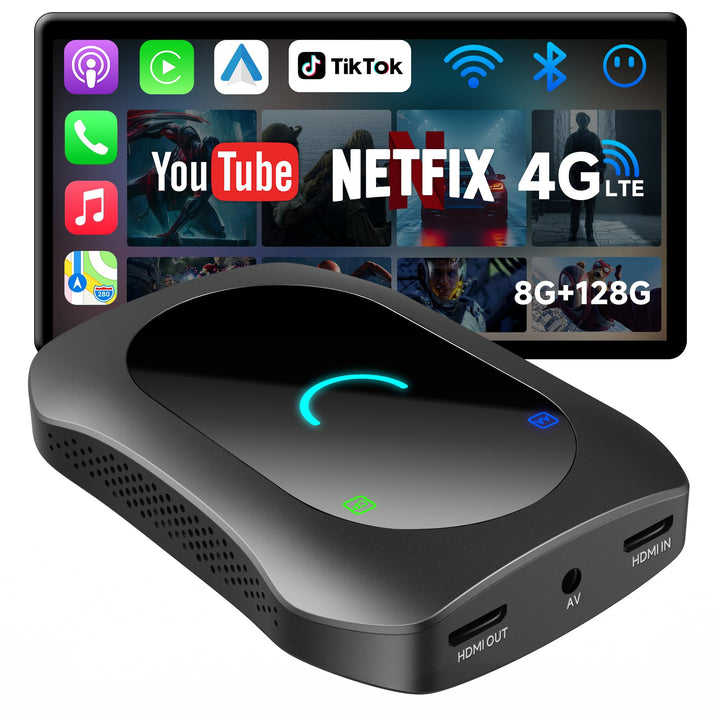 CarPlay Android Auto Wireless Adapter + Android OS, 8GB+128GB Car VideoBox mit HDMI In/Out, 4G LTE,