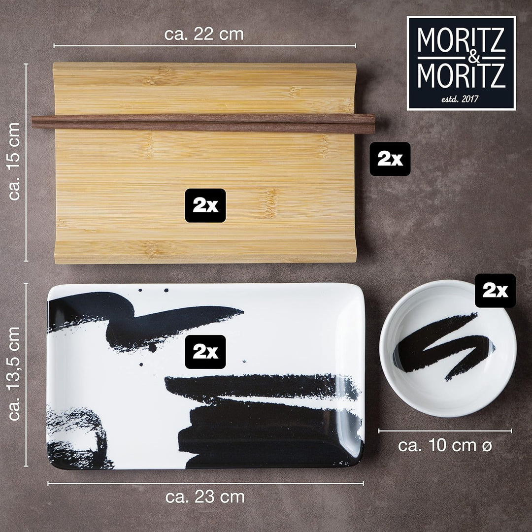 Moritz & Moritz 10-tlg. Sushi Geschirr Set für 2 Personen - Sushi Servierset mit 2x Sushi-Teller, Di