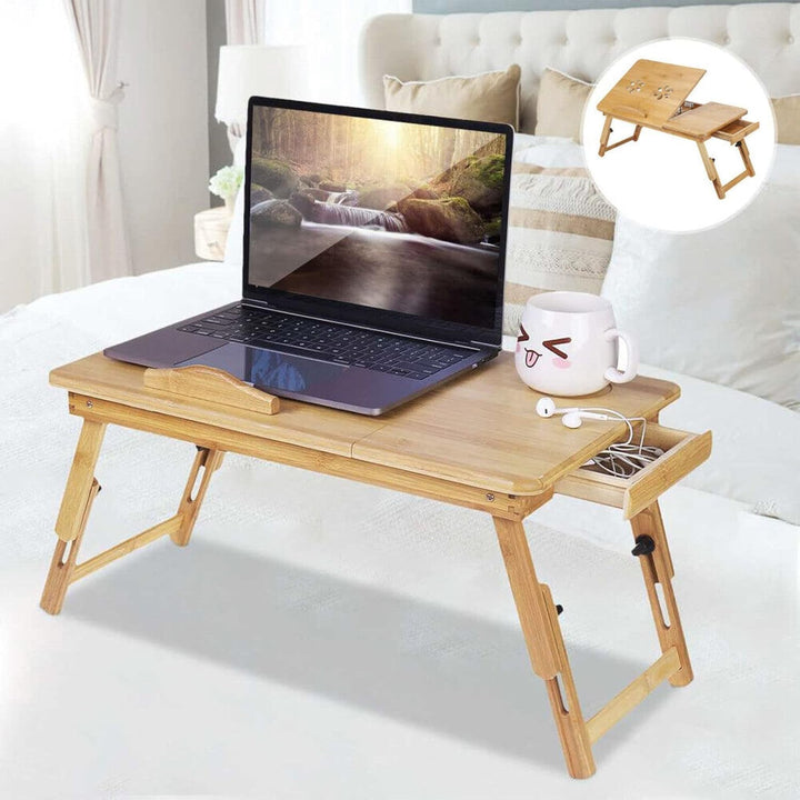 betttisch 50x30cm Laptop Tisch Bambus Notebooktisch Betttisch mit Lüftungslöchern mit Schublade Knie