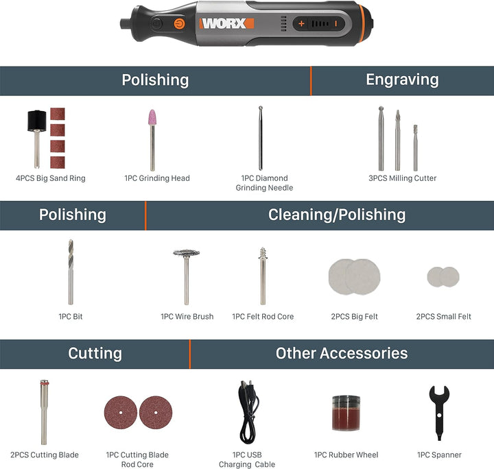 WORX Akku Multifunktionswerkzeug 8V WX106 mit 23 Zubehören Variable Drehzahleinstellung 5000-28000 U