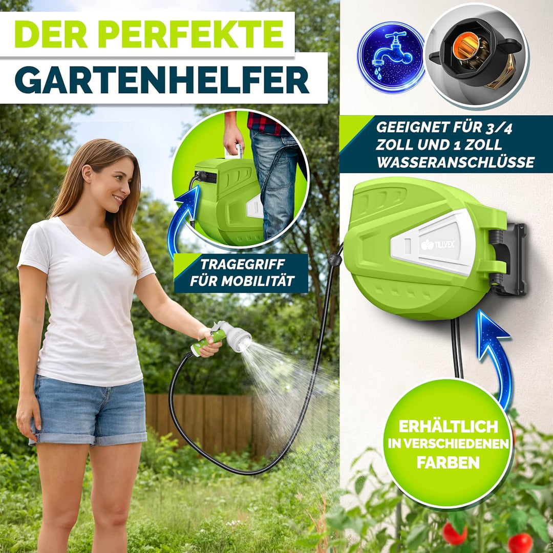 tillvex Schlauchtrommel Wasser mit Wandhalterung + Tragegriff | Schlauchaufroller mit Handbrause und
