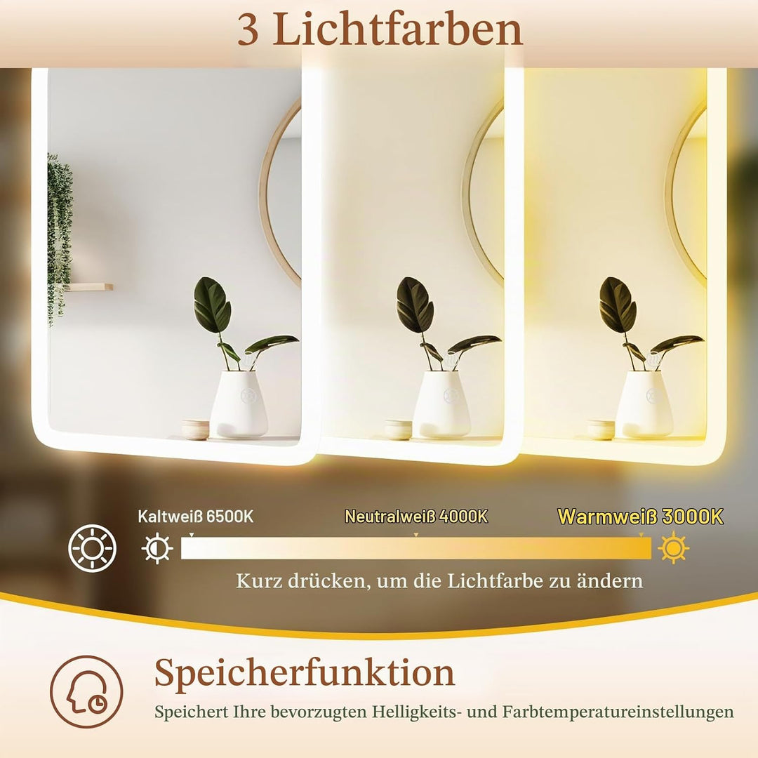 Clevich Badspiegel mit Beleuchtung 100×60 cm, LED Spiegel mit 3 Lichtfarben dimmbar, gehärtetes Glas