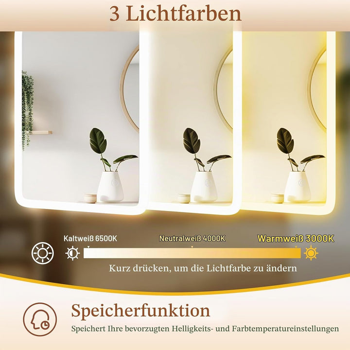 Clevich Badspiegel mit Beleuchtung 100×60 cm, LED Spiegel mit 3 Lichtfarben dimmbar, gehärtetes Glas
