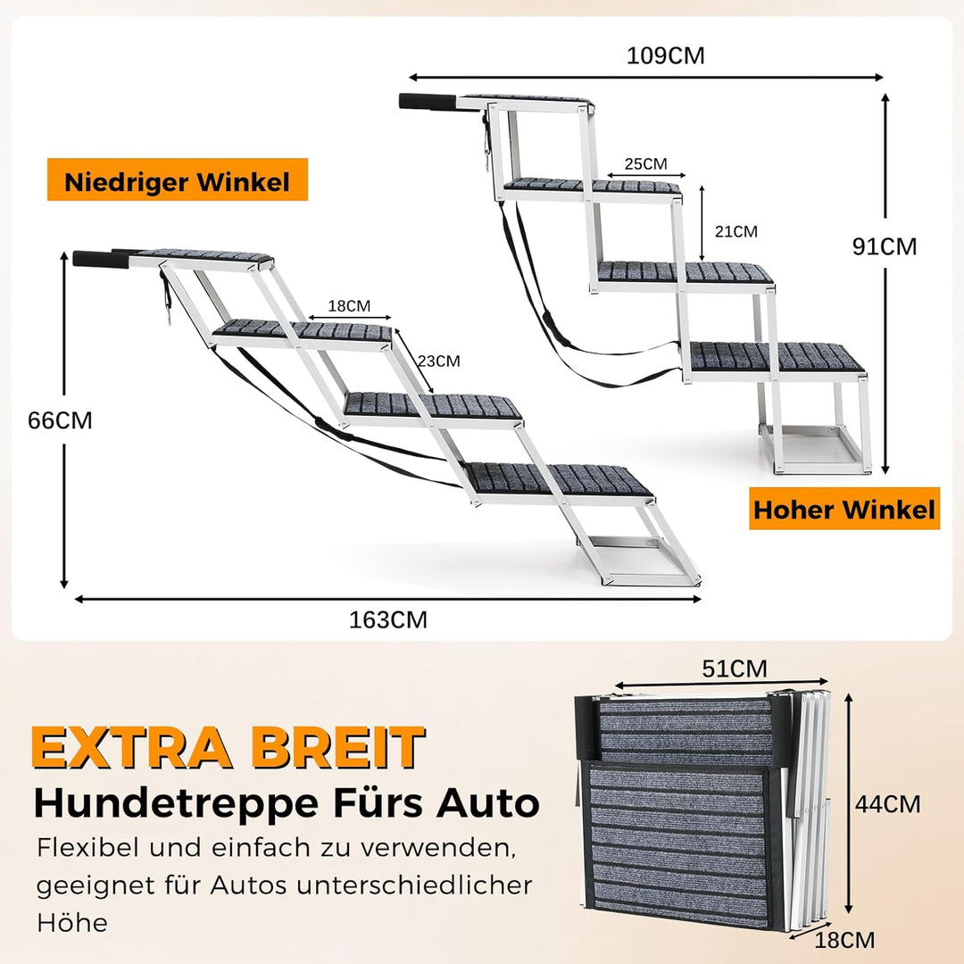 Hundetreppe Auto Für Grosse Hunde mit Teppich, Extra Breit 4 Stufen Hunderampe Auto Klappbar,Leichte