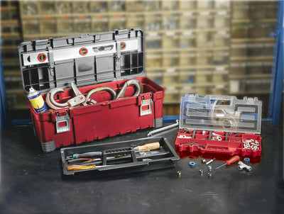 Keter 17181010 Werkzeugbox Master Pro Serie Tool Box 26 Zoll metal latch, Kunststoff, rot/silber