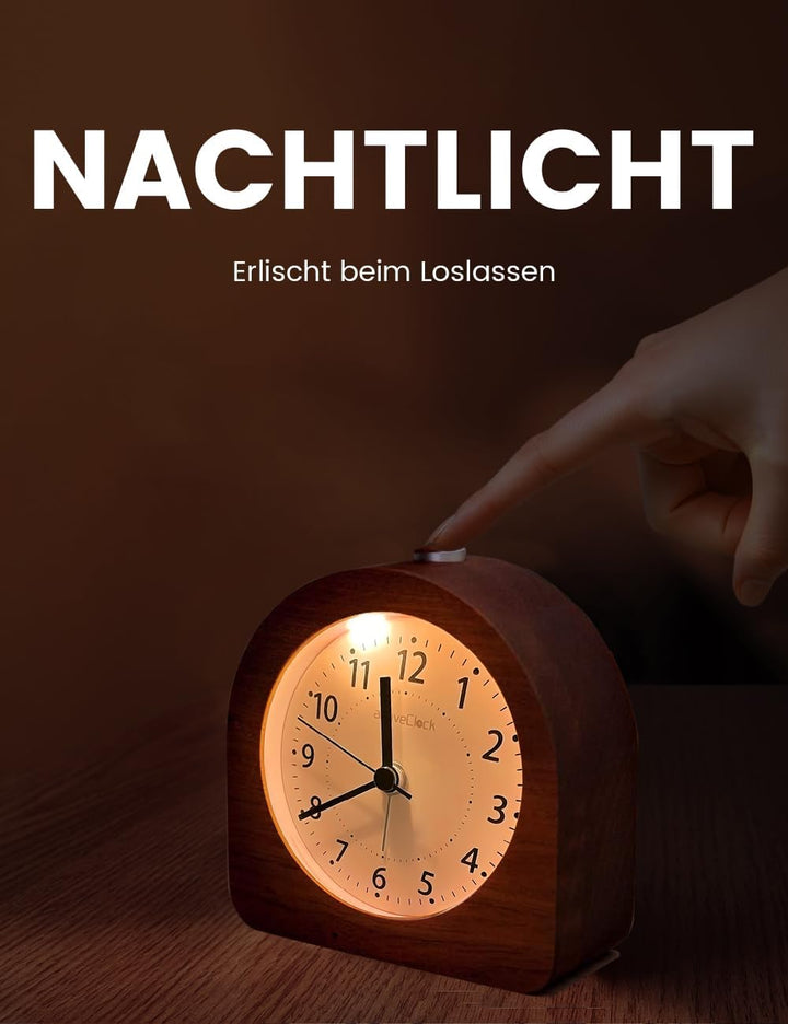 Wecker Analog Ohne Ticken, Wecker Holz mit Snooze, Nachttisch Tischuhr mit Nachtlicht, reisewecker m