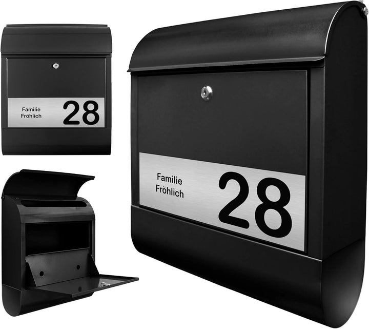 banjado® Briefkasten personalisiert mit graviertem Namensschild in Silber/Briefkasten schwarz 39x47x