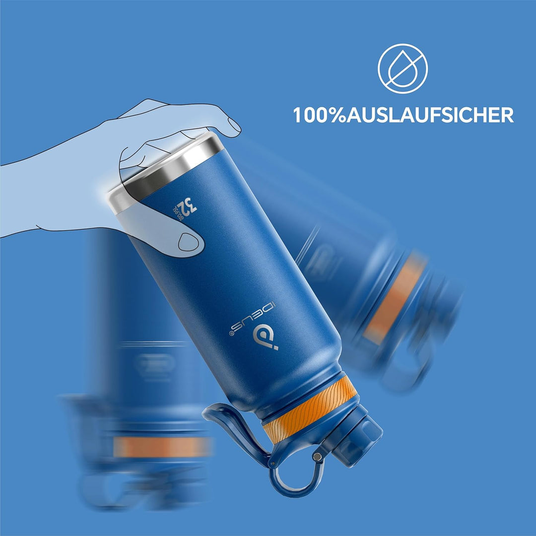 IDEUS Vakuumisolierte Wasserflasche, 32 Oz (950 ml) Edelstahl Doppelwand Flasche Metall Sport Kantin