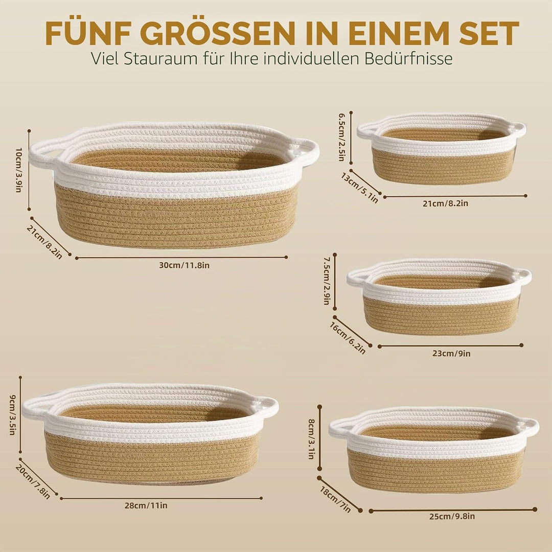 Aufbewahrungskorb 5er Set aus Baumwolle, Körbchen Aufbewahrung für organizer mit Griff, Dekorativer