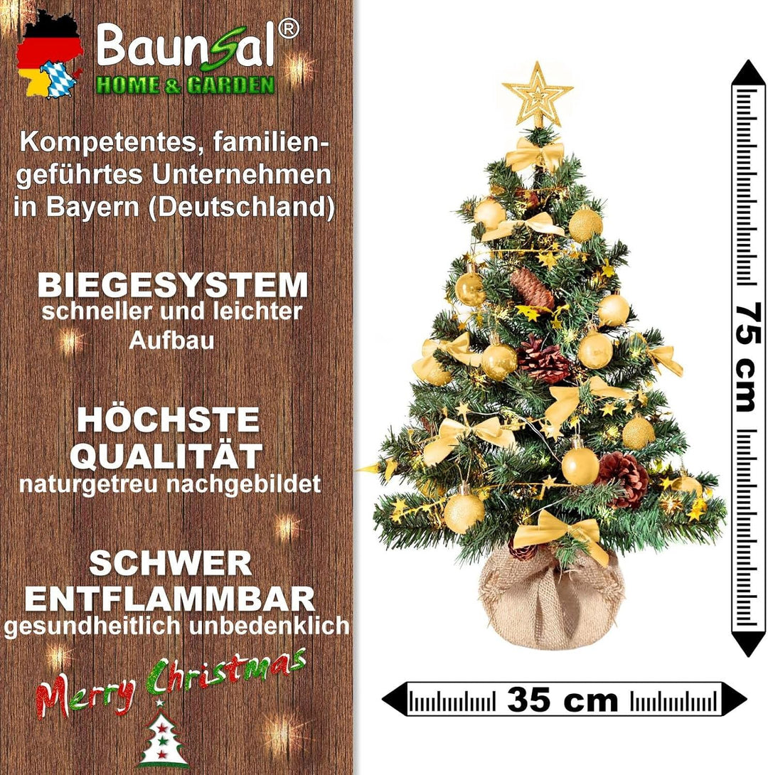 Weihnachtsbaum künstlich (WBD) 75 cm grün mit Weihnachtsdeko Gold und Led Lichterkette mit Batterieb
