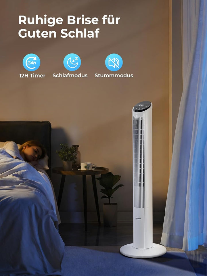 FOHERE Turmventilator 102cm, 12 Stufen Standventilator mit Fernbedienung, 32dB Sehr Leiser, Oszillie