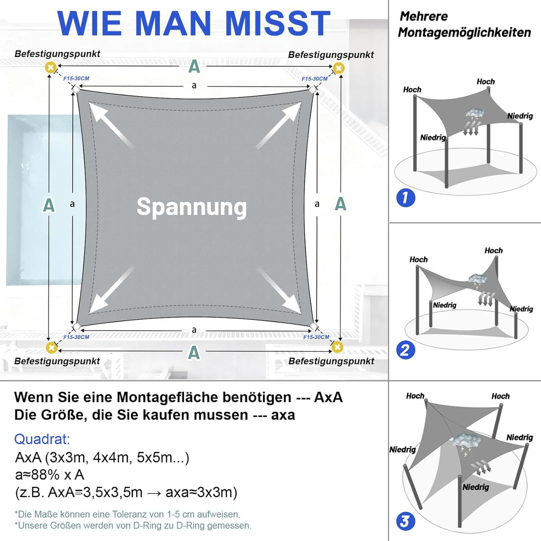 LOVE STORY Sonnensegel Wasserdicht 3x3m Quadrat PES Polyester Sonnenschutz Windschutz Balkon Terrass