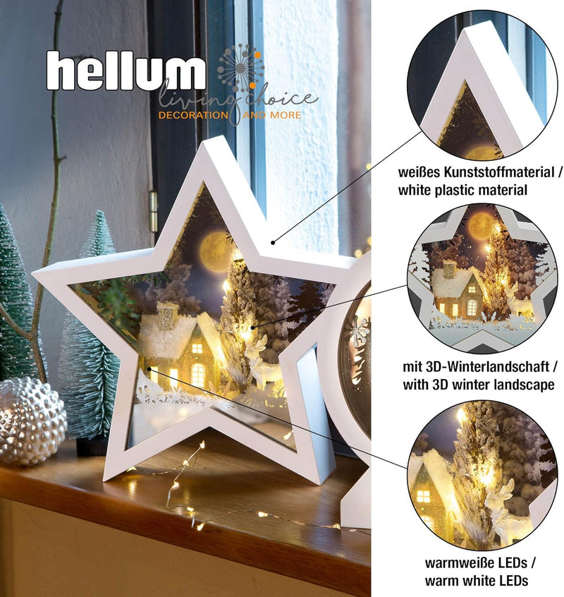 hellum LED Bild mit 3D Winterlandschaft 26,7 x 25,5cm Sternenform zum Stellen, Batteriebetrieb (3xAA