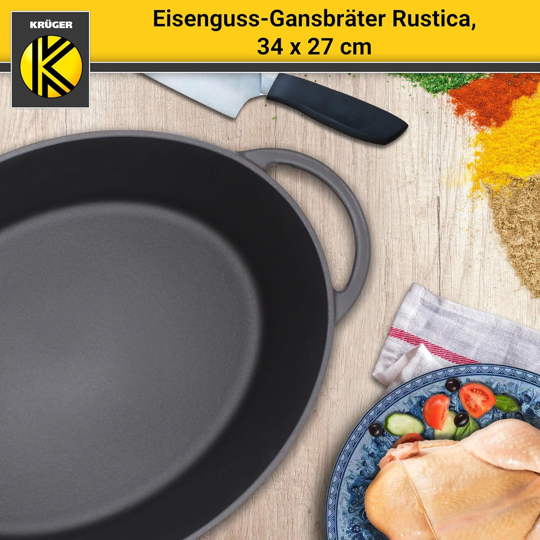 Krüger Gusseisen Gansbräter mit Deckel - emailliert - hohe Hitzebeständigkeit und sehr gute Wärmespe