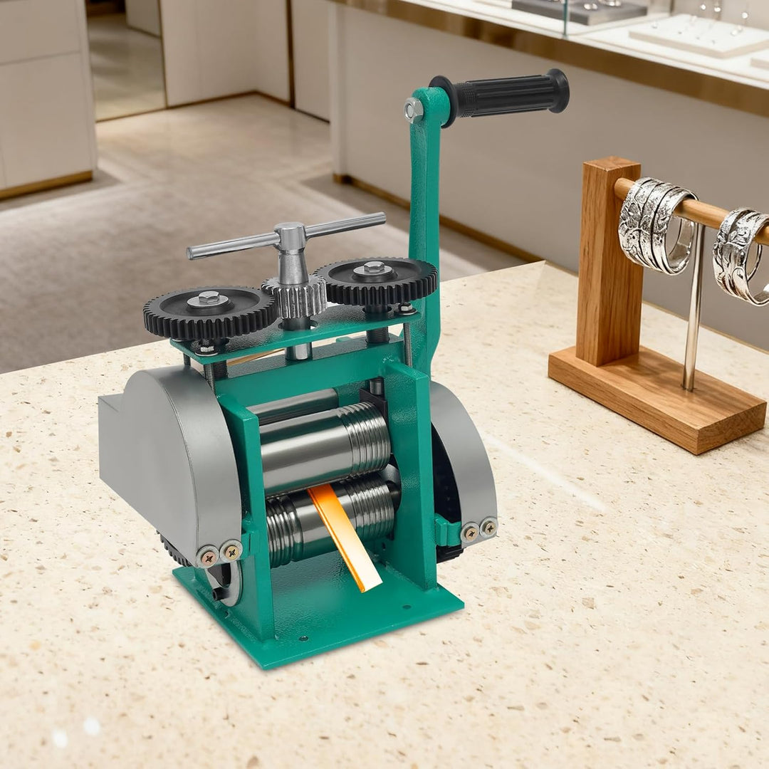 Schmuckwalzwerkmaschine, Manuelles Kombiwalzwerk mit Getriebe Walzeneinstellung Vierkant- und Halbru