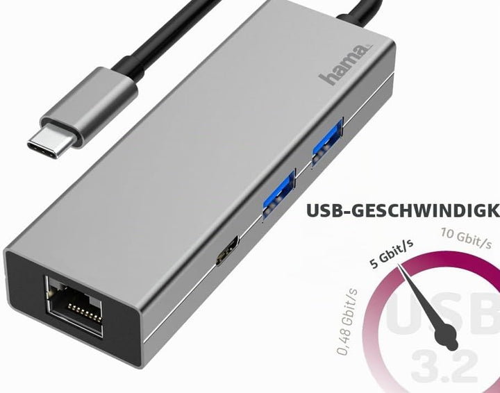 Hama USB C Hub 4 Ports (Multiport Adapter 1x LAN Gigabit Ethernet, 2X USB-A, 1x USB-C zur Übertragun