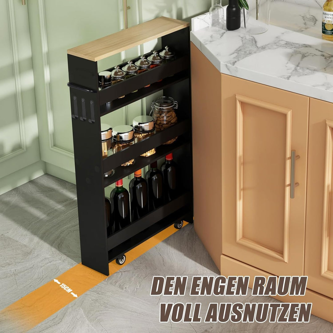 Nischenwagen 14cm breit, 4 Etagen Küchenwagen schmal, Nischenregal auf Rollen, Servierwagen mit Grif