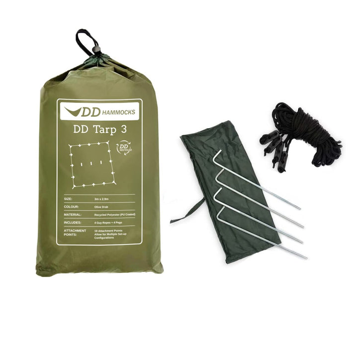 DD Tarp 3 x 2,9 Meter olivegrün Recycled - Zelt-Plane-Dach-Regenschutz aus recycelten Plastikflasche