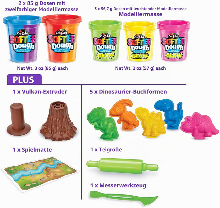 Lexibook, Dino Leuchtende Knetmasse, Blau Violett Rot Orange Grün Gelb Rosa, CRDOUGH11 Dino Glow Dou