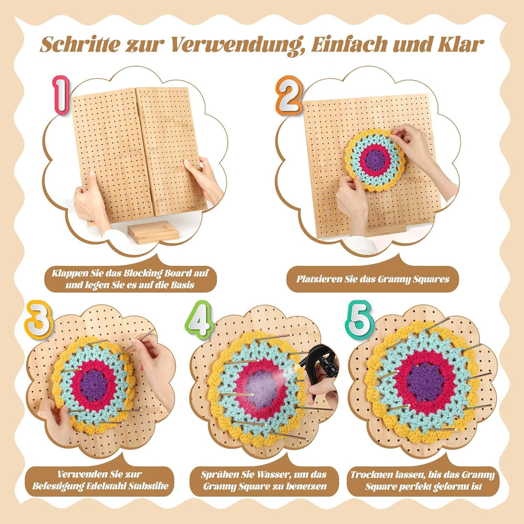 Coopay Granny Square Spanner Gross, 33 x 33 cm Blocking Board Häkeln mit 30 Edelstahl Stabstiften, F
