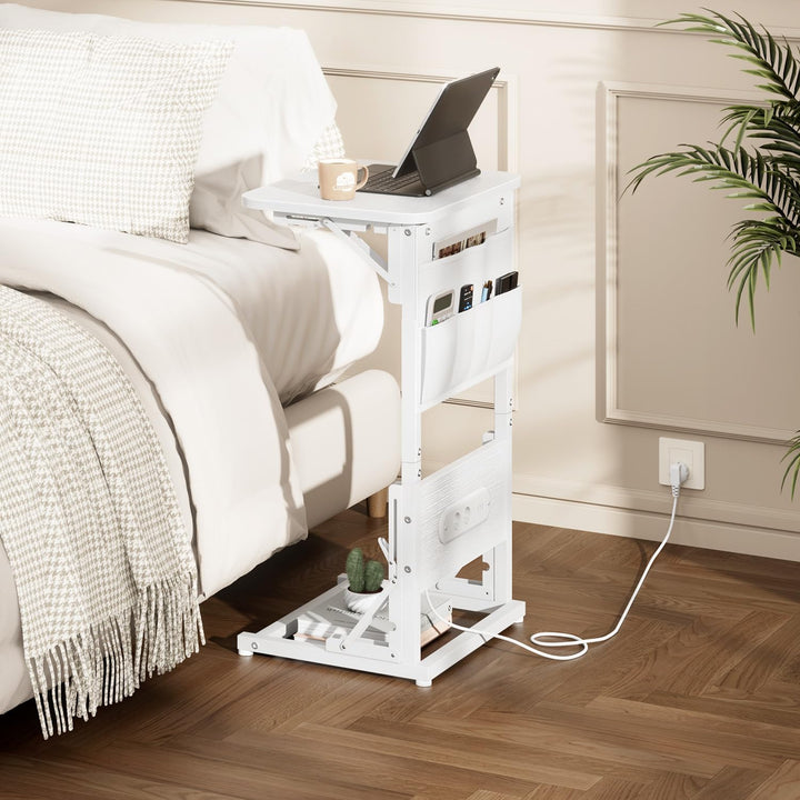 Beistelltisch C Form, Klappbarer Sofatisch mit Steckdosen, Höhenverstellbar Couchtisch mit Metallrah