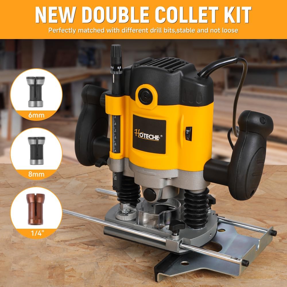 Hoteche 1200W Oberfräse Holzfräse Kantenfräse 6mm Spannfutter 30MM Arbeits Tiefe Alu Bodenplatte VDE