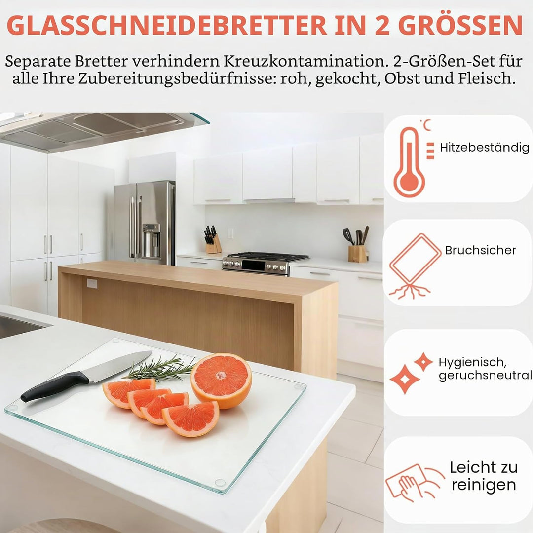 Hacaroa 4 Stück Gehärtetes Glas Schneidebrett mit Gummifüssen, Rechteckiges Rutschfestes Schneidebre