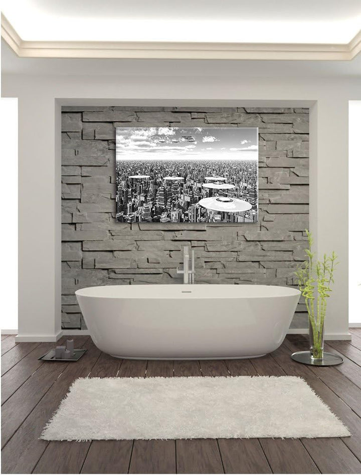 Pixxprint UFO´s über der Stadt Kunst B&W als Leinwandbild | Grösse: 100x70 cm | Wandbild | Kunstdruc
