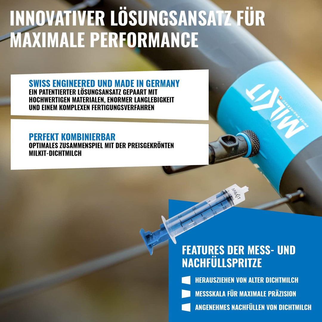 MilKit Compact Tubeless Ventilsystem - Mess-und Nachfüllspritze 60ml - Zwei Patentierte Tubelessvent