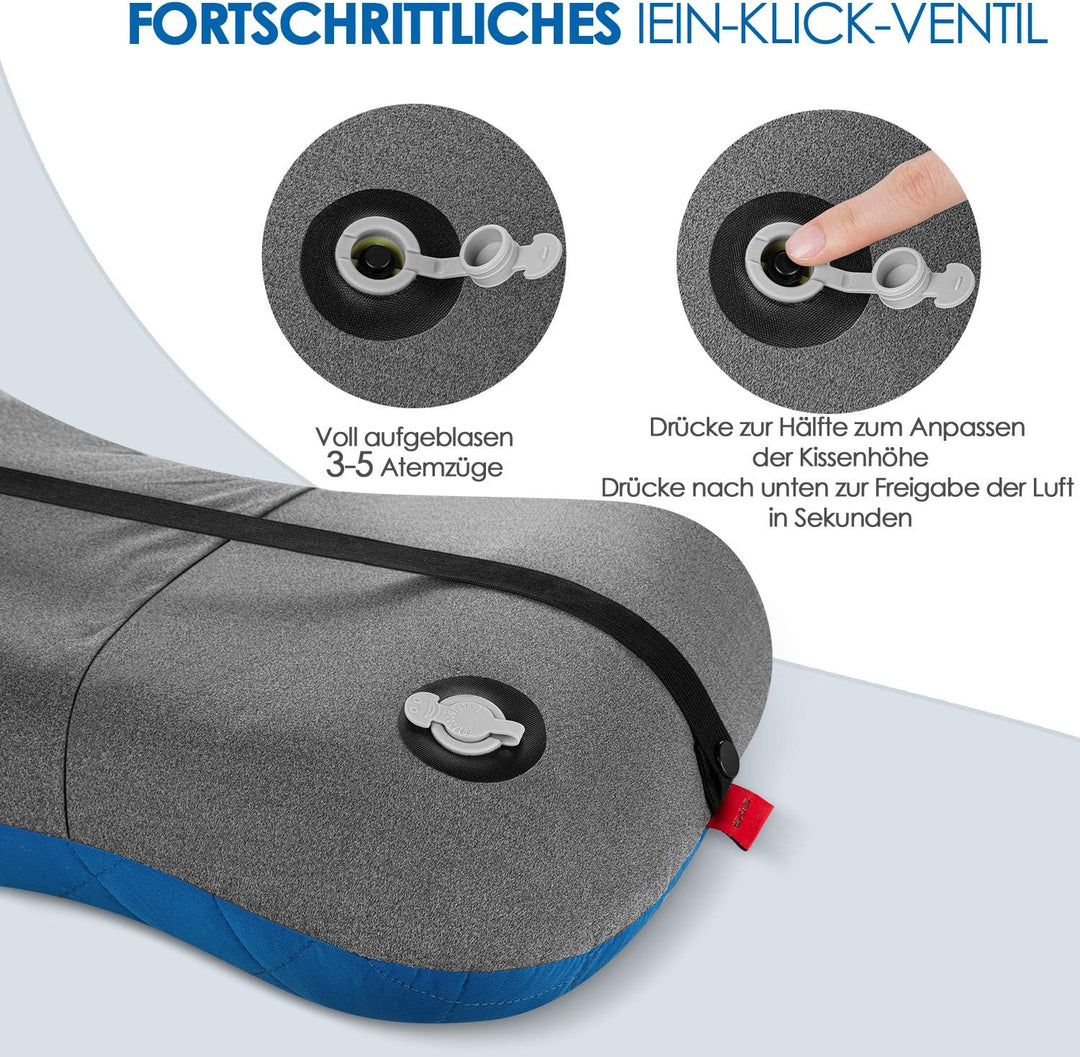 HIKENTURE Aufblasbares Camping/Reise Kissen mit Abziehbarem Kissenbezug, Ergonomisches Kopfkissen, K