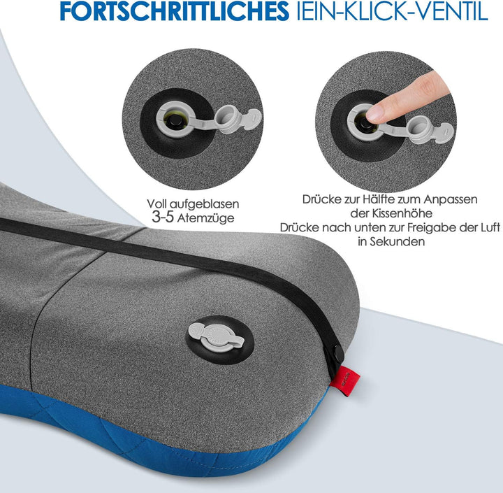 HIKENTURE Aufblasbares Camping/Reise Kissen mit Abziehbarem Kissenbezug, Ergonomisches Kopfkissen, K