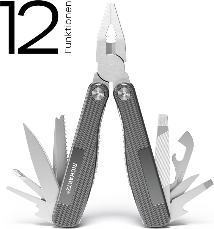 WORKER tool | Multitool mit Safety-Lock Verriegelung | 12 Funktionen | Edelstahlgriffe mit fein stru