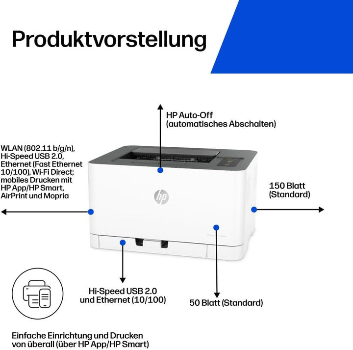 HP Color Laser 150nw Farb-Laserdrucker (Drucker, USB, LAN, WLAN),weiss-grau Drucker WLAN
