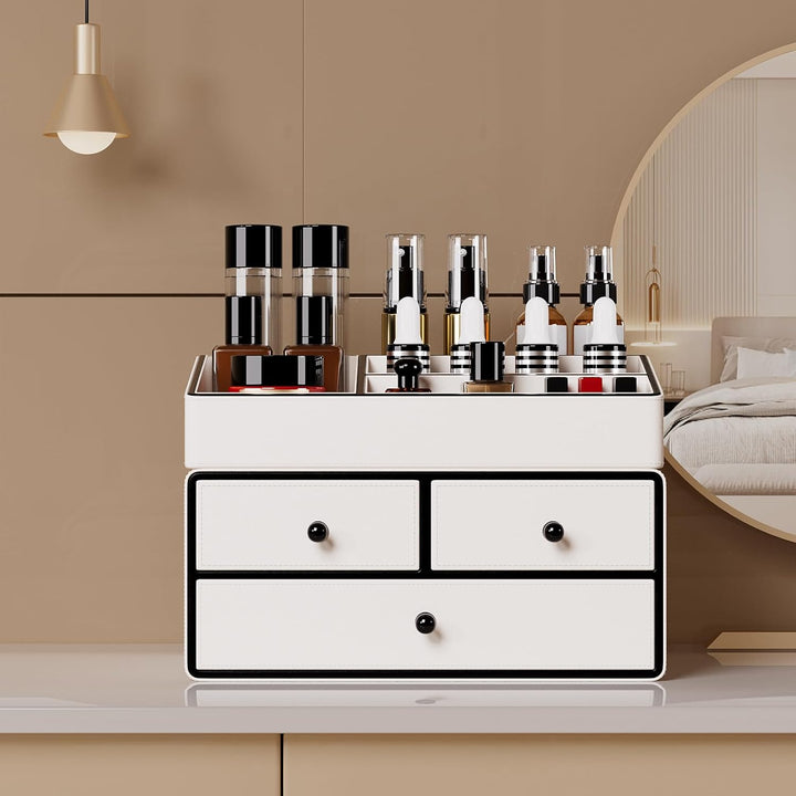 GORESE Make Up Kosmetik Organizer,2-Stöckig 3-Schubladen Leder schminktisch organizer Beauty Aufbewa