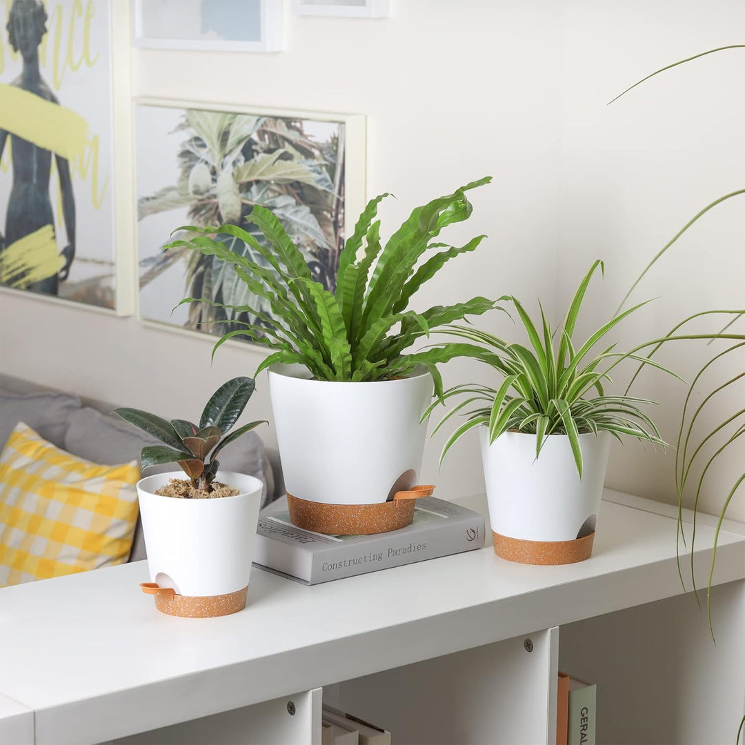 T4U 14cm Blumentopf mit Selbstbewässerung, 3er-Set Blumentopf mit Untersetzer, ideal für Innen- und
