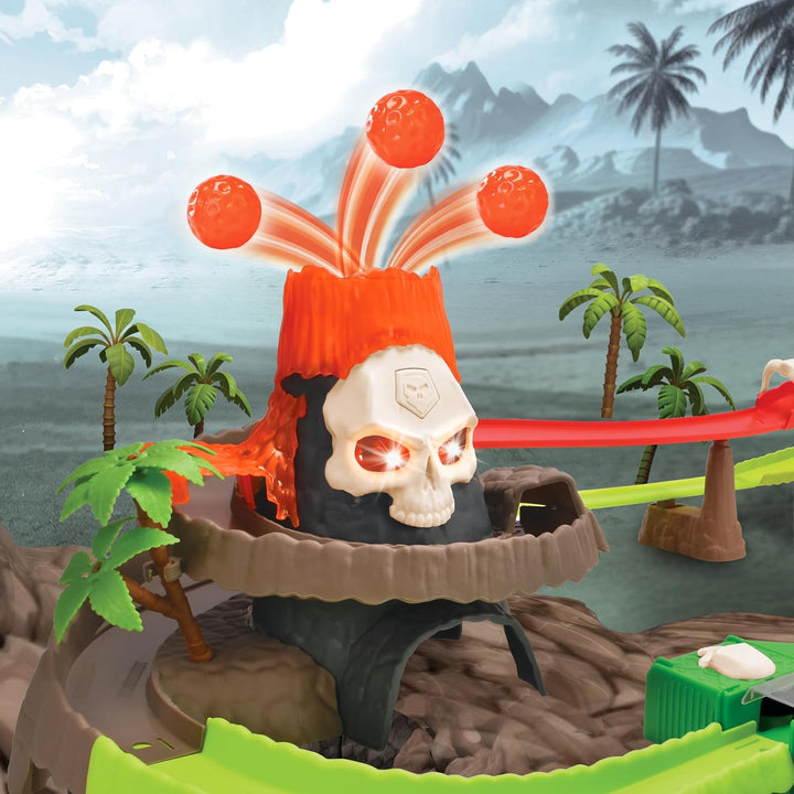 Dickie Toys - Autorennbahn Skull Volcano Track Set (100 cm) mit Vulkan-Ausbruch, Auto & Dinosaurier-